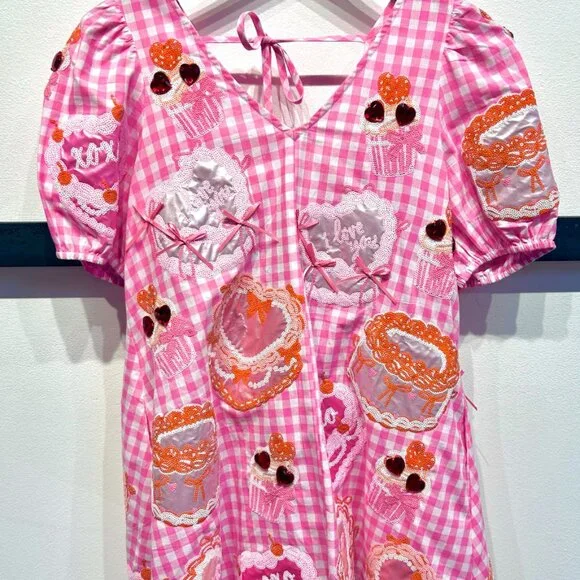 QUEEN OF SPARKLES Valentine's Day Pink and White Gingham Cakes and Pastries Dres - Picture 2 of 3